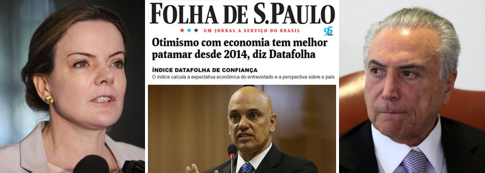 Senadora Gleisi Hoffmann (PT-PR) destaca que "o noticiário, antes azedo e agourento, agora pauta temas positivos do esforço do governo em melhorar a economia do país"; "É impressionante a boa vontade, ou melhor, o apoio, a torcida da grande mídia, do mercado financeiro e da elite brasileira ao governo interino de Michel Temer. Como num passe de mágica tudo que ia de mal a pior no governo da presidenta Dilma melhorou cem por cento agora. A população apoia Temer, segundo pesquisa fraudada do Datafolha. A economia melhorou consideravelmente, inclusive o humor do mercado e da população, segundo a mesma pesquisa", ironiza, sobre pesquisa fraudulenta divulgada há uma semana; "É o governo da salvação nacional. Até o combate ao terrorismo ganhou evidência", acrescenta