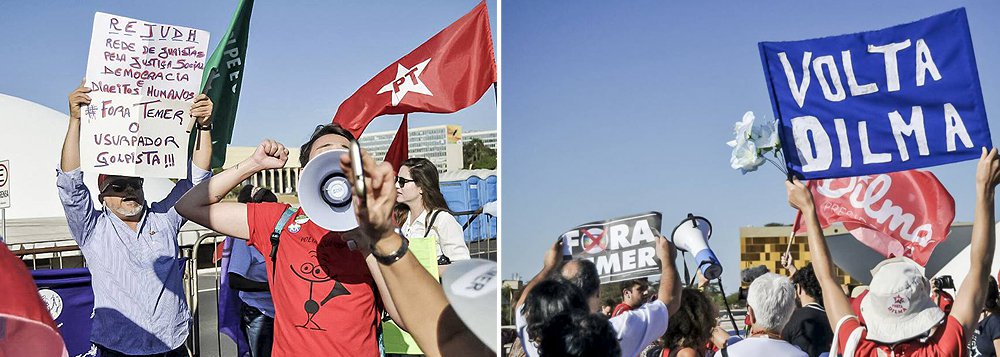 Movimentos sociais reúnem milhares de manifestantes na manhã desta segunda-feira 29 em frente ao Congresso Nacional em protesto contra o golpe parlamentar no Brasil; Dilma apresenta hoje sua defesa no Senado e depois responde a perguntas dos senadores; cartazes pedem a volta de Dilma, a saída de Michel Temer e a defesa da democracia