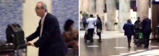 Alvo frequente de escrachos nas últimas semanas, Eduardo Cunha (PMDB-RJ) foi hostilizado e até apanhou de uma senhora no aeroporto Santos Dumont nesta quarta-feira 12, depois de já ter ouvido gritos de "ladrão" durante o voo; enquanto ele carregava um carrinho com sua bagagem, uma mulher correu até ele e o atacou com a bolsa; o ex-deputado disse que "está tomando as medidas para identificar e processar" a pessoa