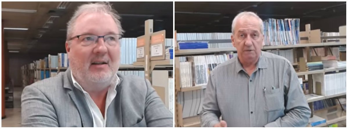 Jornalista Fernando Brito, do Tijolaço, lembra que, na avaliação de Franklin Martins (à dir.), ex-ministro-chefe da Secretaria de Comunicação Social da Presidência da República no segundo governo Lula, "o golpe só foi produzido porque teve por trás um discurso único bombardeado dia e noite pela mídia à população"; o blogueiro também reforçou que, de acordo com o jornalista alemão Jens Glüsing (à esq.), correspondente para a América Latina da revista Der Spiegel, o governo Michel Temer passa  "a imagem de senhores autoritários, em ternos escuros, que parece que estão inteiramente fora do resto do mundo"; assista aos vídeos