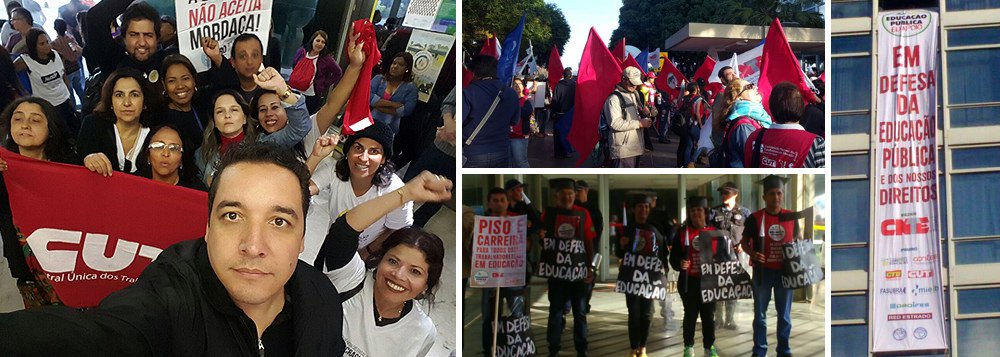 Ato que reúne profissionais da educação e integrantes de movimentos sociais denuncia o desmanche do Conselho Nacional de Educação, cujos titulares tinham mandato de quatro anos, pelo interino Michel Temer; desde as primeiras horas desta quarta-feira 29, grupo faz um 'trancaço' na sede do ministério; cerca de 80 pessoas estão dentro do prédio e outras 500 bloqueiam a entrada; o ministro interino, Mendonça Filho, e seus assessores foram impedidos de entrar no órgão; objetivo é protestar em defesa da educação pública e alertar o povo sobre os ataques do governo interino contra a educação com políticas de arrocho e sucateamento; segundo a CUT, durante o ato trabalhadores foram detidos e agredidos por seguranças e um está desaparecido; o MEC não era ocupado desde 2002; vídeo