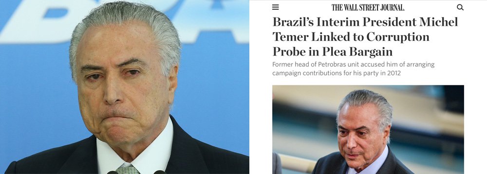 Matéria publicada nesta quinta-feira 16 no The Wall Street Journal conta que ex-senador Sérgio Machado disse que Michel Temer recebeu R$ 1,5 milhão em propina durante a campanha eleitoral de Gabriel Chalita para a prefeitura de São Paulo, em 2012, e que a propina veio junto com o financiamento de campanha oferecido pela empreiteira Queiroz Galvão