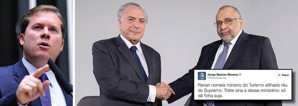Colunista Jorge Bastos Moreno, o jornalista mais próximo de Michel Temer, protestou nas redes sociais contra a nomeação do deputado Marx Beltrão (PMDB-AL), aliado de Renan Calheiros e réu no STF, para o ministério do Turismo; "Triste sina a desse ministério: só dá ficha suja", publicou; para ele, "o erro foi de Temer, que aceitou a indicação"; "Há mais de 10 dias que toda a mídia vem informando que o indicado de Renan é réu no STF. Temer, portanto, não pode dizer que não sabia", critica; "Na hora que a imagem do governo começa a melhorar, vem o próprio presidente nomear um ficha suja para o ministério. Nunca vi isso!", postou ainda o jornalista, afirmando que "Temer se revela teimoso como Dilma"