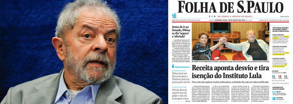 Assessoria de imprensa do ex-presidente Lula desmente reportagem da Folha de S. Paulo publicada nesta segunda-feira 29 que informa que a Receita Federal retirou a isenção fiscal do Instituto Lula por desvio de finalidade e quer cobrar até R$ 12 milhões da entidade; nota diz que o instituto "não recebeu qualquer notificação"; "A matéria publicada, além de ser caluniosa, faz crer que seria embasada por supostas informações que teriam sido obtidas ilicitamente através de vazamentos seletivos que já se tornaram rotina no Brasil. Não por acaso, a matéria é divulgada exatamente no dia do depoimento da presidenta Dilma Rousseff no Senado Federal e com a presença do ex-presidente Lula", diz trecho do texto