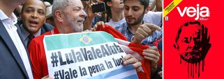 Em sua edição deste fim de semana, a revista Veja, mais uma vez, celebra (antes da hora) a morte do ex-presidente Luiz Inácio Lula da Silva, numa capa sem título, que apenas derrama seu sangue e o petróleo da Petrobras, expressando, assim, os desejos de seus editores; internamente,a publicação traz uma pequena entrevista com juiz Sergio Moro, feita após uma palestra nos Estados Unidos; "Vou repetir a palavra que o senhor mais ouve na rua: o ex-presidente Lula será preso?", questionou o repórter de Veja; "Sem comentários", respondeu Moro; afinal: Lula está morto?