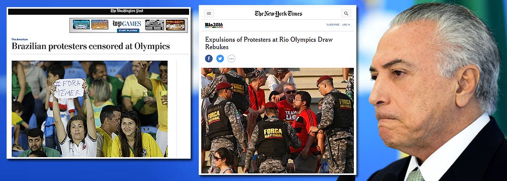 Jornais americanos Washington Post e New York Times publicam reportagens com histórias de torcedores que foram expulsos dos estádios por protestarem contra o presidente interino, Michel Temer, durante os Jogos Olímpicos; NYT fala em "repressão" e destaca que protestos marcam a impopularidade do interino hoje no País, além de citar a denúncia de que o peemedebista pediu R$ 10 milhões para o PMDB, entregue em dinheiro vivo, conforme a delação de Marcelo Odebrecht; o Washington Post usou a palavra "censura" para noticiar a punição contra torcedores que protestavam contra Temer durante as competições