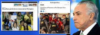 Jornais americanos Washington Post e New York Times publicam reportagens com histórias de torcedores que foram expulsos dos estádios por protestarem contra o presidente interino, Michel Temer, durante os Jogos Olímpicos; NYT fala em "repressão" e destaca que protestos marcam a impopularidade do interino hoje no País, além de citar a denúncia de que o peemedebista pediu R$ 10 milhões para o PMDB, entregue em dinheiro vivo, conforme a delação de Marcelo Odebrecht; o Washington Post usou a palavra "censura" para noticiar a punição contra torcedores que protestavam contra Temer durante as competições