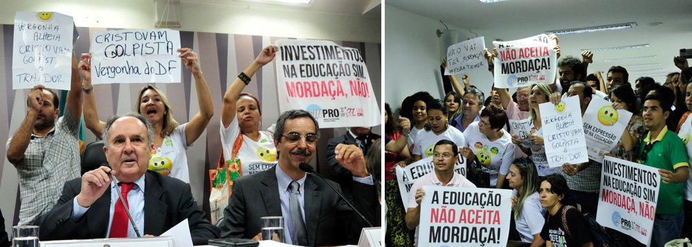 "Golpista" e "devolve meu voto" foram apenas alguns dos gritos e cartazes que dominaram a audiência sobre "Escola sem Partido" na Comissão de Educação na manhã desta quinta-feira 1º; o senador Cristovam Buarque (PPS-DF), que votou a favor do impeachment de Dilma Rousseff nesta quarta-feira 31, precisou encerrar a sessão