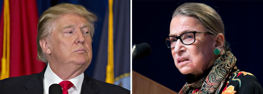 Provável candidato republicano à Presidência dos Estados Unidos Donald Trump pediu a renúncia da juíza Ruth Bader Ginsburg, da Suprema Corte norte-americana, descrevendo-a como mentalmente incapaz por tê-lo criticado duramente em uma série de entrevistas à imprensa; Gisnburg chamou o republicano de "fraude" e afirmou que "ele não tem consistência a respeito de si mesmo"; "A juíza Ginsburg, da Suprema Corte dos EUA, constrangeu a todos fazendo declarações políticas muito idiotas sobre mim", disse Trump em sua conta no Twitter.; "A mente dela pifou --renuncie!", completou