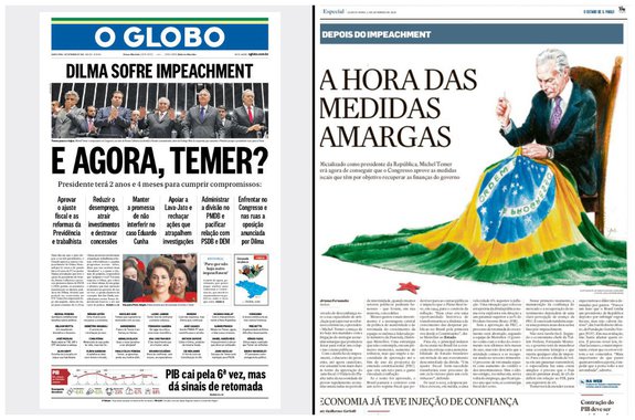 Uma das principais articuladoras do golpe parlamentar de 2016, a Globo já cobra de Michel Temer as medidas daquele que considera ser seu próprio governo; entre elas, as reformas trabalhista e previdenciária, que flexibilizam direitos dos trabalhadores e ampliam a idade mínima de aposentadoria; Globo também cobra a não interferência no caso Eduardo Cunha (PMDB-RJ), outro personagem central na trama golpista, e a pacificação com PSDB e DEM – o que significa seguir uma agenda mais liberal; no Estado de S. Paulo, que também apoiou a derrubada de Dilma, são cobradas as "medidas amargas"