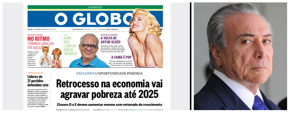 O processo de autodestruição do Brasil, iniciado em 2014, após a vitória de Dilma Rousseff nas eleições presidenciais, custará uma década de sacrifícios ao povo brasileiro; de acordo com a reportagem de capa do Globo, que contribuiu decisivamente para esse processo, pelo menos 1 milhão de famílias voltarão para as classes D e E nos próximos nove anos, recolocando o Brasil no mapa do pobreza; economia vem se deteriorando desde que o impeachment passou a ser a única agenda do País e, até agora, apesar das promessas Michel Temer e Henrique Meirelles, pouco se fez para estimular a volta do crescimento