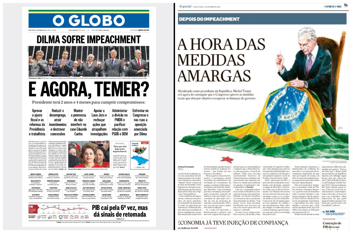 Uma das principais articuladoras do golpe parlamentar de 2016, a Globo já cobra de Michel Temer as medidas daquele que considera ser seu próprio governo; entre elas, as reformas trabalhista e previdenciária, que flexibilizam direitos dos trabalhadores e ampliam a idade mínima de aposentadoria; Globo também cobra a não interferência no caso Eduardo Cunha (PMDB-RJ), outro personagem central na trama golpista, e a pacificação com PSDB e DEM – o que significa seguir uma agenda mais liberal; no Estado de S. Paulo, que também apoiou a derrubada de Dilma, são cobradas as "medidas amargas"
