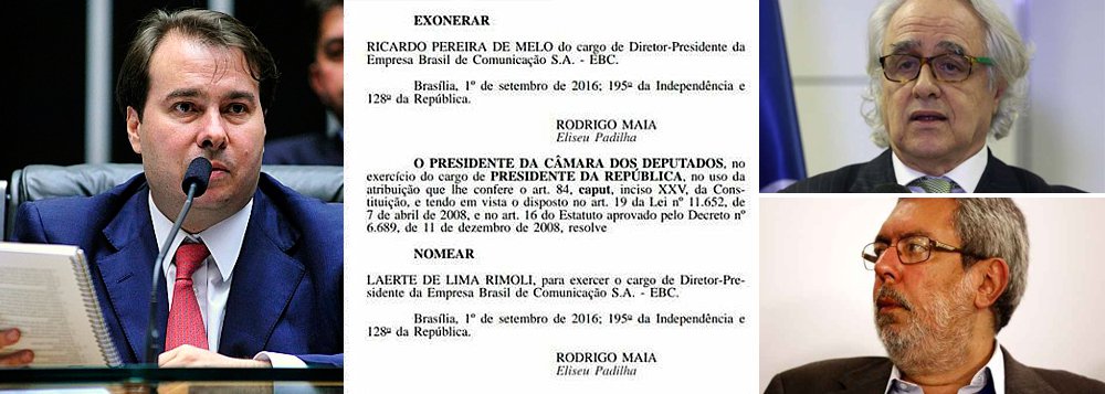 Como presidente da República em exercício, o deputado Rodrigo Maia (DEM-RJ) demitiu o jornalista Ricardo Melo da presidência da EBC, nomeou para seu lugar Laerte Rimoli, aliado de Eduardo Cunha (PMDB-RJ), e extinguiu o conselho curador da empresa; para o senador Lindbergh Farias, Maia agiu como "golpista em exercício"; detalhe: a demissão de Melo havia sido tentada por Temer e foi negada pelo Supremo Tribunal Federal, uma vez que o jornalista tem mandato de quatro anos à frente da EBC; "Vamos ao STF ainda hoje", diz Marco Aurélio Carvalho, advogado de Ricardo Melo; "Essa decisão mostra a forma autoritária como esse governo biônico pretende agir, afrontando inclusive o próprio STF"