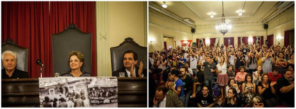 Em discurso durante evento na UFRJ, na noite desta segunda-feira 24, Dilma Rousseff afirmou que o País vive um "processo de golpe continuado", após o impeachment que lhe tirou do poder, e de "desmonte das políticas sociais"; "Uma parte expressiva da continuidade do golpe é a perseguição a Lula", afirmou; presente no evento, o ex-ministro e advogado de Dilma, José Eduardo Cardozo, disse que "a democracia brasileira foi violentada"