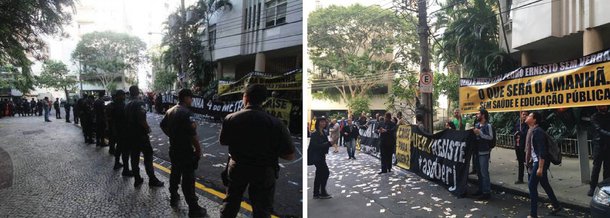 Professores da Universidade Estadual do Rio de Janeiro (Uerj) fizeram um protesto em frente à casa do governador em exercício, Francisco Dornelles, no Jardim Botânico, na Zona Sul do Rio; com notas de R$ 100 e R$ 50 falsas, além de cartazes, os servidores cobraram os salários atrasados; a categoria está em greve há mais de três meses e pede um encontro com o chefe do executivo; "Não tem arrego! Você tira o meu salário e eu tiro o seu sossego"", gritavam os professores