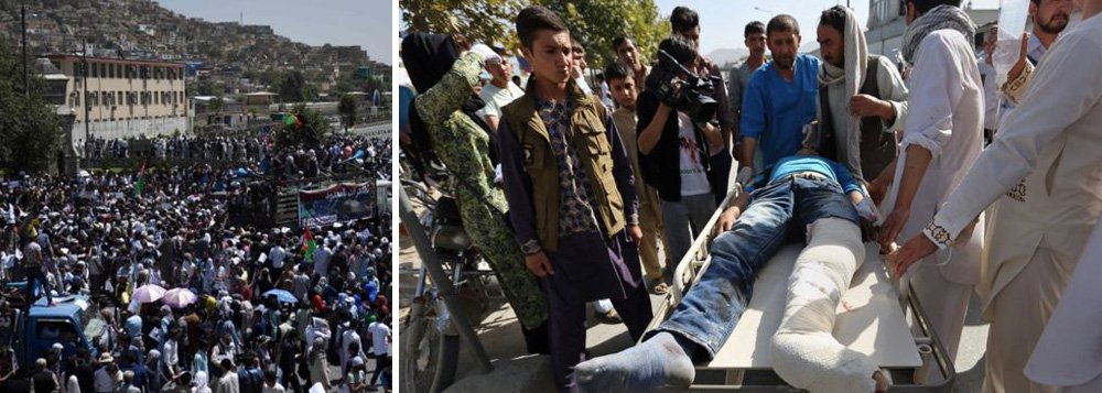 Homens-bomba atacaram uma grande manifestação de membros da minoria hazara do Afeganistão em Cabul no sábado, matando pelo menos 80 pessoas e ferindo 231, segundo as autoridades; grande parte do centro da cidade tinha sido fechada com pilhas de contêineres e outros obstáculos, conforme a marcha começava mais cedo no sábado, e a segurança havia sido reforçada com helicópteros; não houve reivindicação imediata de responsabilidade pelo ataque