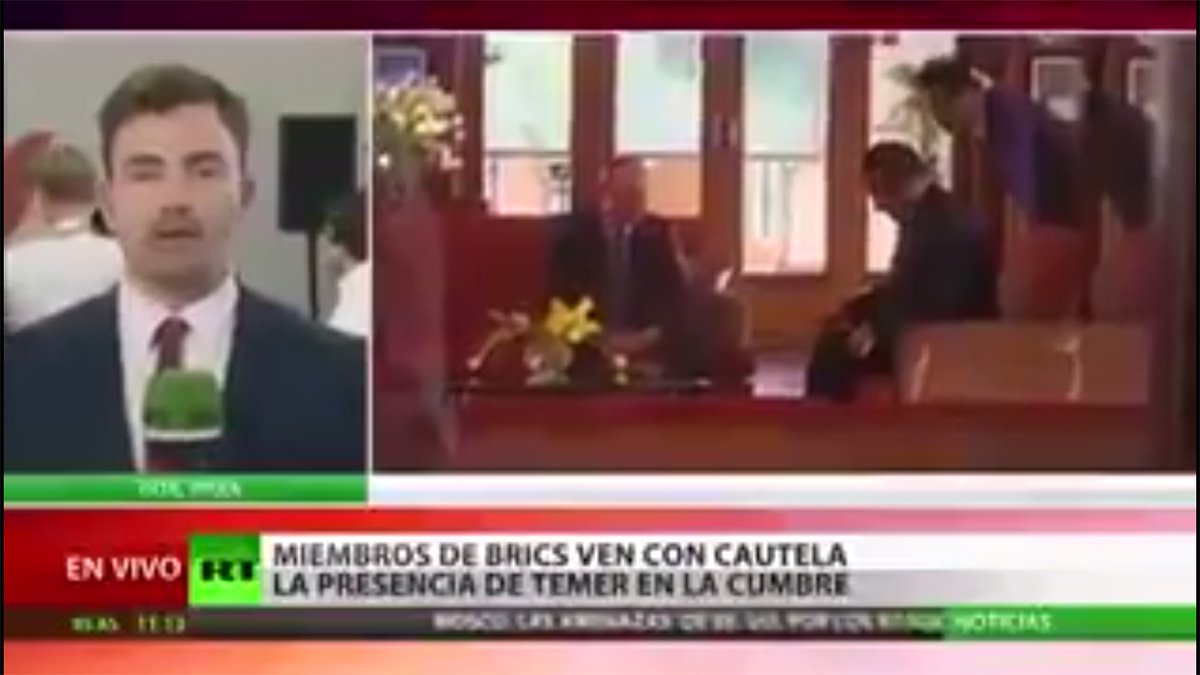 Principal veículo de comunicação da Rússia, o RT destacou em uma reportagem sobre a cúpula dos BRICS, que se reuniu na Índia neste fim de semana, que o presidente Vladimir Putin se reuniu com todos os presidentes do bloco, menos com Michel Temer; assista