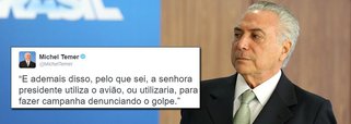 Jornalista Fernando Brito mostra que quando escreveu em seu twitter dizendo que a "a senhora presidente" iria usar o avião presidencial para sair pelo país "denunciando o golpe", o presidente interino Michel Temer "vestiu a carapuça" e assumiu o que de fato ocorreu para alçá-lo ao Palácio do Planalto; "É, Temer, a sinceridade do seu cinismo é antológica...", critica Brito; "Pena que a ministra Rosa Weber já arquivou aquela representação-bobagem em que se pediam explicações a Dilma sobre o uso da palavra 'golpe'. Agora, ela podia responder dizendo: uai, pergunta ao Temer?", ironiza