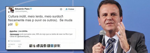 Prefeito Eduardo Paes (PMDB) interagiu com seguidores no Twitter; para um morador do Rio de Janeiro que publicou que "90% do nojo" que ele tem de viver na capital fluminense "é por causa" de Paes, sugeriu que se mudasse; "Cultura inútil, meio lerdo, meio surdo(ñ fisicamente mas p ouvir os outros). Se muda pô!", escreveu; Paes também reclamou das críticas que recebeu: "Deixa de ser mal humorado, pô. Toma um chope, joga uma pelada, dorme cedo, vai à igreja, dá uma namorada. Domingo pode"
