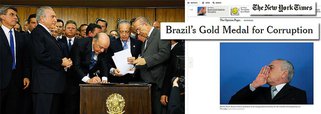 Jornal mais influente do mundo publica nesta segunda-feira 6 editorial intitulado "A Medalha de Ouro do Brasil para Corrupção", em que questiona a firmeza do compromisso do presidente interino Michel Temer com o combate à corrupção e pede que ele se posicione contra o fim da imunidade parlamentar para ministros e congressistas acusados; "As nomeações reforçaram as suspeitas de que o afastamento temporário da presidente Dilma Rousseff no mês passado, por acusações de maquiar ilegalmente as contas do governo, teve uma segunda intenção: afastar a investigação (de corrupção)", escreve o jornal