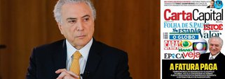 "Temer prioriza as demandas do oligopólio da mídia, volta a concentrar as verbas publicitárias em poucas empresas e desmonta o sistema público de radiodifusão", diz a chamada da reportagem de capa da revista CartaCapital desta semana, "A fatura paga", assinada por Sergio Lirio; na parte interna da revista, o texto diz: "Reconcentração de verbas publicitárias na mídia tradicional, perseguição às vozes dissonantes, desmonte da tevê pública... Temer paga a conta"