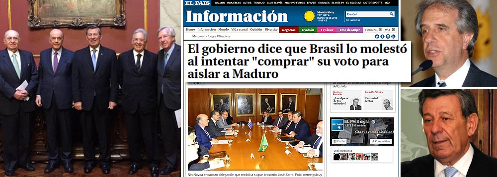 Reportagem do jornal El País do Uruguai, o maior no país, noticia que o chanceler Rodolfo Nin Novoa acusa o ministro interino das Relações Exteriores do Brasil, José Serra, de ter tentado comprar o voto do Uruguai no Mercosul para suspender a presidência da Venezuela no bloco; a promessa do tucano, em troca do voto, teria sido levar o Uruguai isoladamente em tratativas de acordos comerciais do Brasil na África e no Irã; acompanhado de FHC, Serra viajou ao país vizinho no início de julho para tentar convencer o governo de Tabaré Vázquez a se posicionar contra a Venezuela, algo que não aconteceu; a atitude "chateou muito" Vázquez e "bastante" o chanceler, disse Nin Novoa em uma comissão de deputados no último dia 10