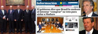 Reportagem do jornal El País do Uruguai, o maior no país, noticia que o chanceler Rodolfo Nin Novoa acusa o ministro interino das Relações Exteriores do Brasil, José Serra, de ter tentado comprar o voto do Uruguai no Mercosul para suspender a presidência da Venezuela no bloco; a promessa do tucano, em troca do voto, teria sido levar o Uruguai isoladamente em tratativas de acordos comerciais do Brasil na África e no Irã; acompanhado de FHC, Serra viajou ao país vizinho no início de julho para tentar convencer o governo de Tabaré Vázquez a se posicionar contra a Venezuela, algo que não aconteceu; a atitude "chateou muito" Vázquez e "bastante" o chanceler, disse Nin Novoa em uma comissão de deputados no último dia 10