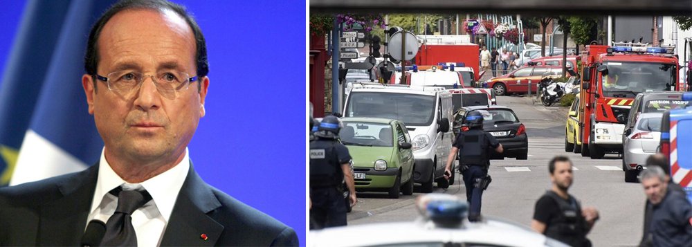 Presidente da França, François Hollande, disse nesta terça-feira que os dois agressores que mataram um padre em uma igreja da Normandia, no norte da França, eram terroristas que haviam declarado aliança ao Estado Islâmico; "O Estado Islâmico declarou guerra contra nós, precisamos lutar esta guerra de todas as maneiras, enquanto respeitamos o estado de direito, que nos torna uma democracia", completou