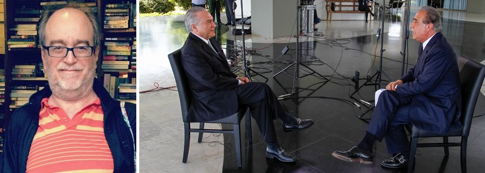 Jornalista Paulo Nogueira lembra a frase do presidente interino, de que Dilma sairia por aí "denunciando o golpe", e que ela "foi inacreditavelmente postada no Twitter oficial de Temer"; tira sarro da declaração de que ele, como vice, angariou votos para Dilma; "Temer foi absolutamente insignificante nas urnas", afirma Nogueira; sem falar nas "embromações" durante a entrevista, em relação ao plebiscito e à formação de um governo de homens brancos, por exemplo