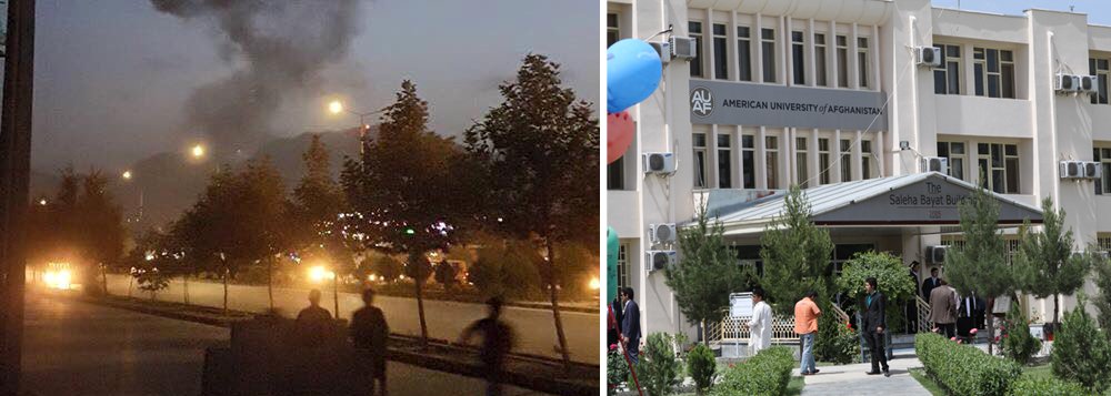 Uma explosão e tiroteio foram ouvidos no edifício da Universidade Americana do Afeganistão (AUAF), na capital Cabul; centenas de estudantes e professores, inclusive o fotógrafo Massoud Hossaini, vencedor do prêmio Pulitzer, estariam sendo feito reféns pelos atacantes; Hossaini pediu socorro via Twitter; "Socorro estamos presos dentro da AUAF. Houve tiroteio seguido de explosão. Este pode ser meu último tweet", escreveu