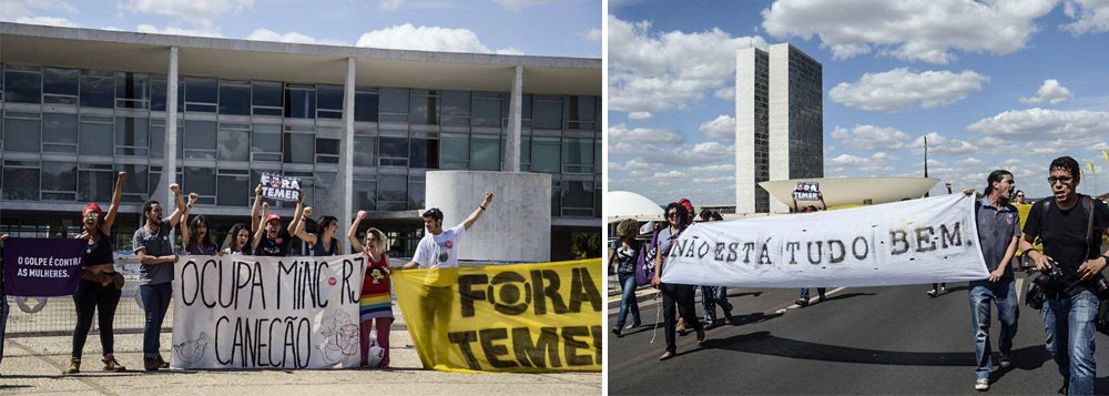 Praça dos Três Poderes recebeu na tarde desta terça-feira 30 uma manifestação contra o impeachment e o governo interino de Michel Temer. Uma grande faixa foi aberta com mensagens denunciando o golpe e pedindo "Fora Temer!"