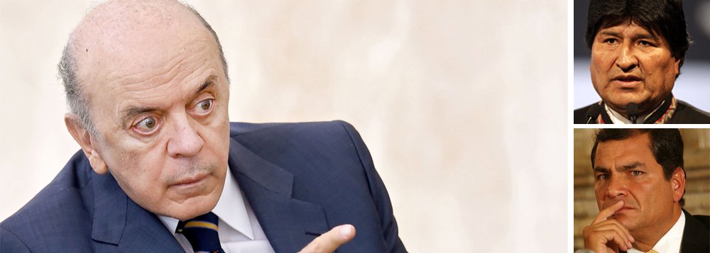 O chanceler José Serra provocou os governos da Bolívia, de Evo Morales, e do Equador, de Rafael Correa, que retiraram seus embaixadores do Brasil, em protesto contra o golpe parlamentar de 2016; “Acredito que particularmente a Bolívia e o Equador poderiam aprender a fazer democracia com o que se passou no Brasil", disse ele; ontem, 100 mil brasileiros foram à Paulista pedir democracia; Bolívia e Equador têm presidentes eleitos pelo voto popular