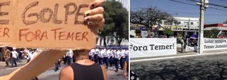 "Golpeada" e "o golpe me feriu" são os dizeres de alguns dos cartazes de mulheres que protestam contra o governo Temer na passagem do desfile militar de 7 de Setembro no Rio de Janeiro; em Macaé (RJ), o tema foi a defesa do pré-sal