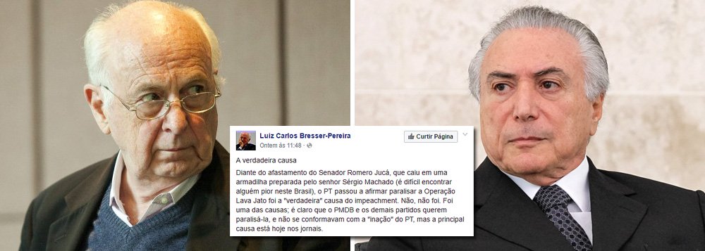 Ex-ministro nos governos Sarney e FHC e um dos fundadores do PSDB, o economista Luiz Carlos Bresser-Pereira afirma que o áudio que derrubou Romero Jucá do ministério do Planejamento revela "uma das causas" por trás do impeachment da presidente Dilma Rousseff: paralisar a Operação Lava Jato; "A principal causa", porém, diz ele, é "reduzir os direitos sociais dos trabalhadores"; "O objetivo é beneficiar os capitalistas rentistas e financistas – os grandes vitoriosos do momento – para que paguem menos impostos. É reduzir os salários diretos e indiretos", diz Bresser, em texto publicado no Facebook; de acordo com ele, a justificativa do governo Temer para isso é uma "crise fiscal estrutural"