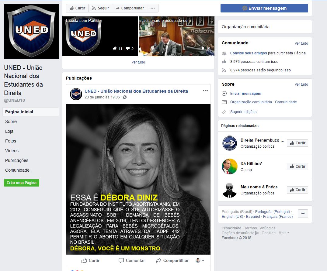 Antropóloga, professora na Faculdade de Direito da UnB e pesquisadora da Anis (Instituto de Bioética), Débora Diniz foi à delegacia fazer um boletim de ocorrência contra os administradores de uma página no Facebook que a acusam comandar "o assassinato sob demanda de bebês anencéfalos" e chamam de "monstro"
