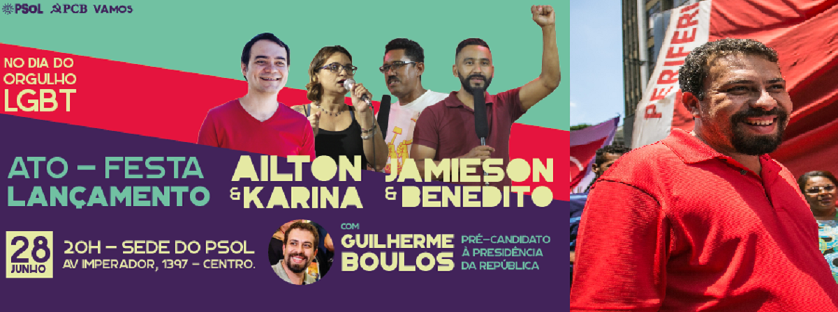 O pré-candidato à presidência do PSOL, Guilherme Boulos, líder do Movimento dos Trabalhadores Sem Teto (MTST), está hoje em Fortaleza. Boulos cumpre agenda durante todo o dia e à noite, participa do ato de lançamento da candidaturas da coligação PSOL/PCB ao Governo do Estado e ao Senado Federal