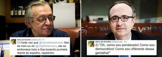 "Cada vez que @reinaldoazevedo fala de mim ou do @DepBolsonaro, ele se emboneca todo", disse o "filósofo" de extrema direita Olavo de Carvalho ao se referir ao blogueiro Reinaldo Azevedo; barraco na extrema direita