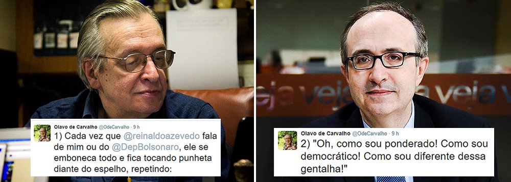 "Cada vez que @reinaldoazevedo fala de mim ou do @DepBolsonaro, ele se emboneca todo", disse o "filósofo" de extrema direita Olavo de Carvalho ao se referir ao blogueiro Reinaldo Azevedo; barraco na extrema direita
