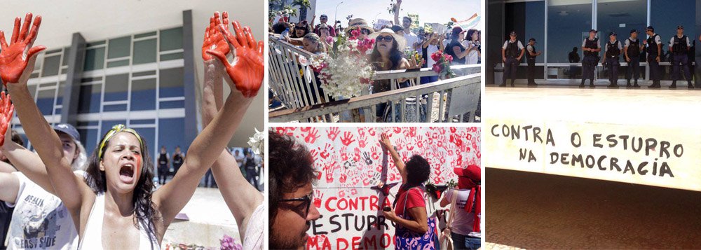 Milhares de mulheres realizaram, neste domingo (29), a Marcha das Flores - 30 Contra Todas", em Brasília; o ato é uma manifestação contra os recentes casos de estupros coletivos no país e também contesta o golpe contra a democracia brasileira; segundo a Polícia Militar, uma frase foi pichada em frente ao prédio do Supremo: "contra o estupro da democracia"; houve protestos contra o ministro Gilmar Mendes, e o presidente interino, Michel Temer (PMDB), com gritos de "Fora, Temer", e "Fora, Gilmar, defensor de estuprador", em alusão ao habeas corpus concedido a Roger Abdelmassih