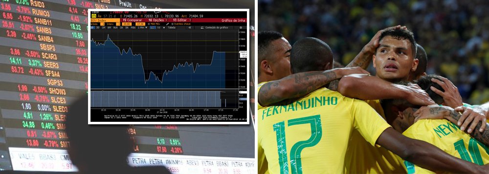 Enquanto a seleção brasileira jogava na tarde de ontem, especuladores faziam a festa na Bolsa de Valores e aprofundavam a crise cambial. O Ibovespa desabou durante o jogo sem que houvesse grande liquidez no pregão, numa ação típica de especuladores; ao mesmo tempo, o dólar fechou o dia em alta de 2,07%; pela manhã, o BC havia torrado mais US$ 2,4 bi em dois leilões, mas a moeda americana subiu forte durante o jogo