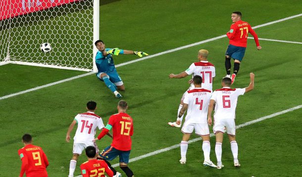 Copa 2018: Espanha e Marrocos. Iago Aspas, da Espanha, marca o segundo gol da equipe.