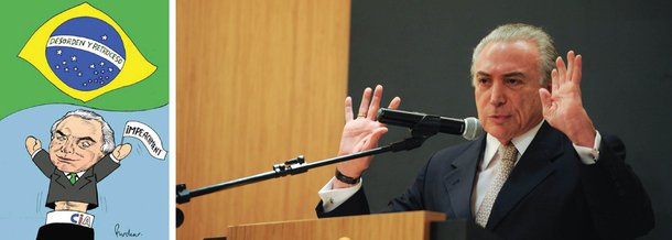 Jornal mexicano La Jornada criticou o golpe parlamentar no Brasil nesta segunda-feira, 16; por meio de charge assinada pelo cartunista Rocha, o jornal retrata o presidente interino Michel Temer como marionete e escreve "desordem e retrocesso" como novo lema do governo, ironizando o lema da bandeira nacional utilizado por Temer no slogan do seu governo; no sábado, o La Jornada disse que Temer era um informante para a Agência Central de Inteligência (CIA) dos Estados Unidos em 2006, no governo do presidente Luiz Inácio Lula da Silva'