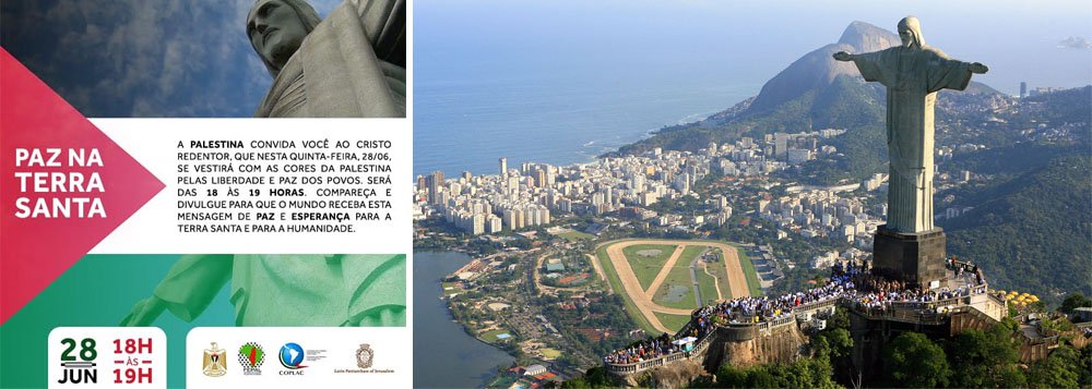 A partir das 18 horas desta quinta-feira (28), o Cristo Redentor vestirá as cores da bandeira palestina, prestando um tributo à luta palestina pela soberania; 2018 também marca os 70 anos da "Nakba"; jornalista e colunista do Brasil 247 Lucia Helena Issa foi convidada, pela embaixada palestina no Brasil, para representar as mulheres brasileiras que lutam pela paz 