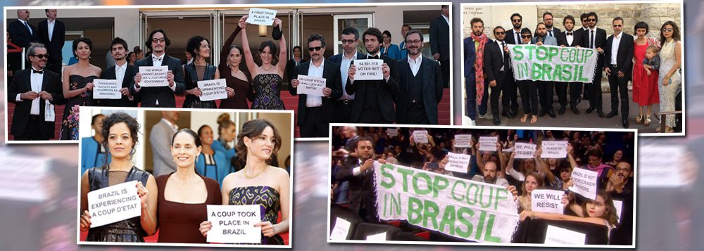 Sessão de gala de Aquarius, filme brasileiro que concorre à Palma de Ouro no Festival de Cannes este ano, foi marcada nesta terça-feira por protestos contra o golpe no Brasil e contra o governo "ilegítimo" do presidente interino Michel Temer; na passagem pelo tapete vermelho, o elenco do filme - que inclui atrizes renomeadas como Maeve Jinkings, Sonia Braga e a produtora Emilie Lesclaux -, além de convidados e produtores exibiram cartazes em inglês com as frases "We will resist" (nós resistiremos) e "The people can't accept an illegitimate government" (o povo não pode aceitar um governo ilegítimo); assista ao vídeo