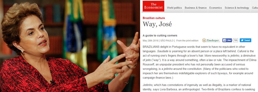 Revista britânica que foi usada várias vezes na campanha movida contra o segundo governo Dilma reconhece, neste fim de semana, que o impeachment foi um "jeitinho contra a Constituição" brasileira; "O impeachment de Dilma Rousseff, uma presidente impopular que, pessoalmente, não tem sido acusada de delito grave, é um jeitinho em torno da Constituição. (Muitos dos políticos que votaram pelo impeachment dela são exploradores infatigáveis ​​de tais caminhos, por exemplo em torno das leis de financiamento de campanha)”, diz a reportagem, que ressalta que "os políticos apanhados na investigação implacáveis de corrupção na Petrobras estão encontrando dificuldades para impor o jeitinho brasileiro"