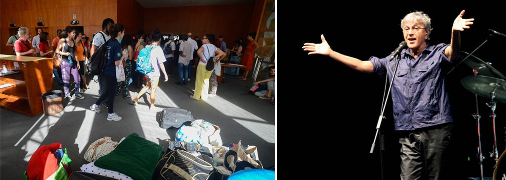 Segundo Ancelmo Gois, Paula Lavigne, do grupo Procure Saber, montou um palco no Palácio Gustavo Capanema, no Rio, onde se apresentarão, além de Caetano Veloso, músicos como Erasmo Carlos, Otto e Lenine; o prédio foi ocupado nesta segunda-feira (16) por diversos coletivos culturais em protesto contra a extinção do Ministério da Cultura (MinC) anunciada pelo presidente em exercício, Michel Temer