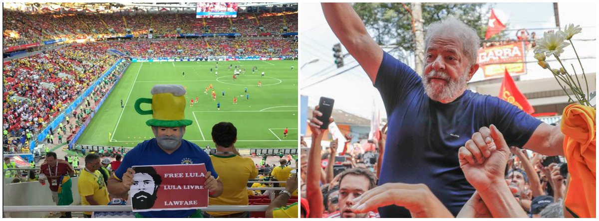 Um torcedor pediu a liberdade do ex-presidente Luiz Inácio Lula da Silva em um estádio da Rússia, onde acontece a Copa do Mundo; Não é a primeira vez que Lula recebe solidariedade em nível internacional. Neste mês, também no país europeu, um torcedor estendeu uma bandeira pedindo a liberdade do ex-presidente