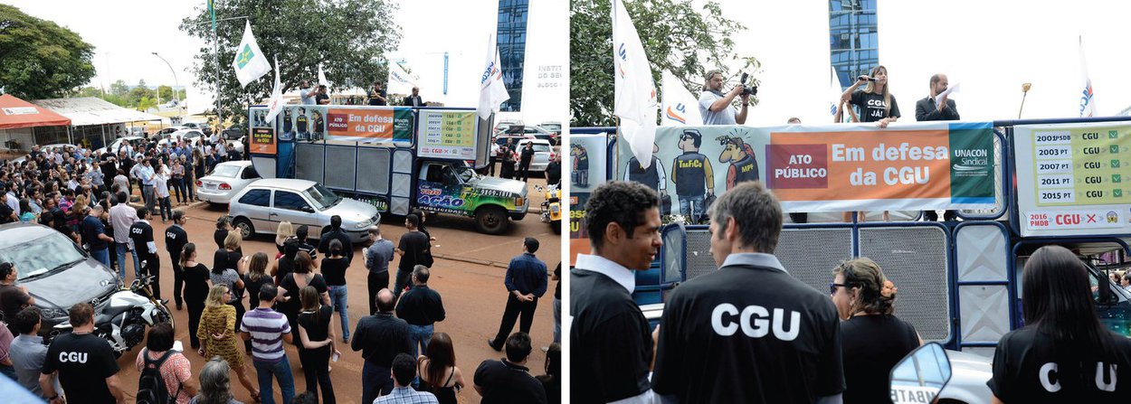 Servidores da área de finanças e controle e movimentos sindicais fazem protesto nesta quarta-feira, 18, em Brasília e vários estados do País contra a extinção da Controladoria-Geral da União (CGU); eles pedem a manutenção da denominação e da vinculação do órgão à Presidência da República; "Todos sabíamos que o governo que estava chegando atacaria os órgãos de controle, de investigação, de segurança e de auditoria governamental. Numa canetada, o senhor Michel Temer extinguiu a CGU, desbancou-a de uma posição hierárquica importante para o exercício das suas funções", disse o presidente do Sindicato Nacional dos Analistas e Técnicos de Finanças e Controle (Unacon Sindical), Rudinei Marques