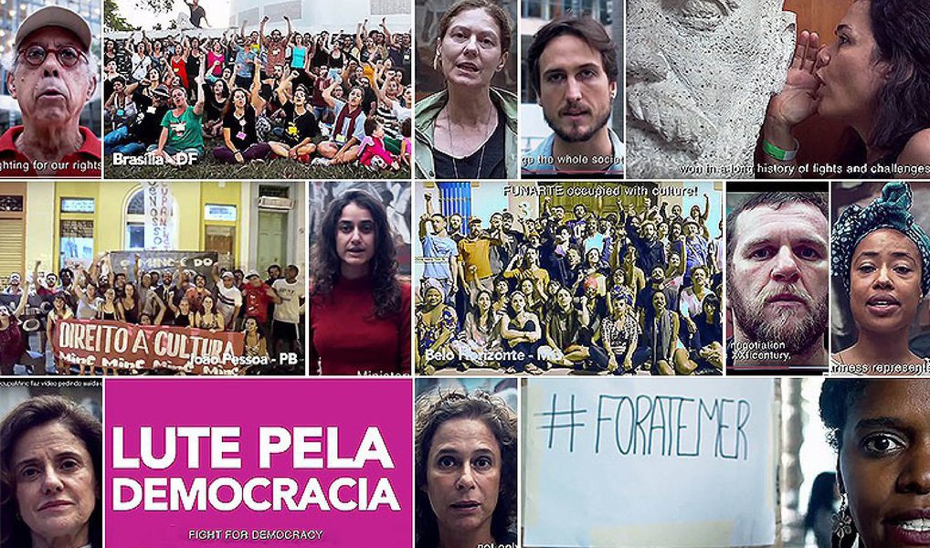 Artistas e ativistas da cultura mantêm as ocupações em prédios ligados ao Ministério da Cultura (MinC); movimento Ocupa Minc divulgou um vídeo com a participação de nomes como Marieta Severo, Patrícia Pilar, Otto, Andréa Beltrão, entre outros, ode afirma que "qualquer tipo de negociação com o Planalto será uma forma de legitimar o golpe de Estado"; eles argumentam que o governo interino de Michel Temer (PMDB) é ilegítimo, pois se sustenta a partir de um golpe que afastou no dia 12 a presidenta eleita Dilma Rousseff após votação da admissibilidade do processo de impeachment pelo Senado