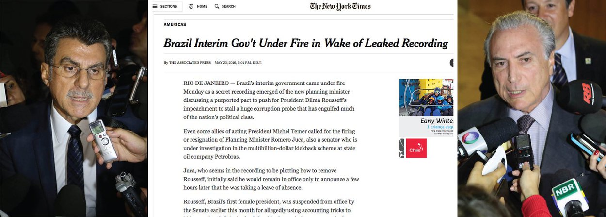 O jornal norte-americano "The New York Times" repercutiu a divulgação do escandaloso áudio da conversa entre o senador Romero Jucá (PMDB) e o ex-presidente da Transpetro, Sérgio Machado, no qual eles falam que, com o impeachment da presidente Dilma Rousseff, a operação Lava Jato seria silenciada; para o jornal, a gravação aprofundará a crise no Brasil; o NY Times lembra que Dilma nunca interferiu na operação